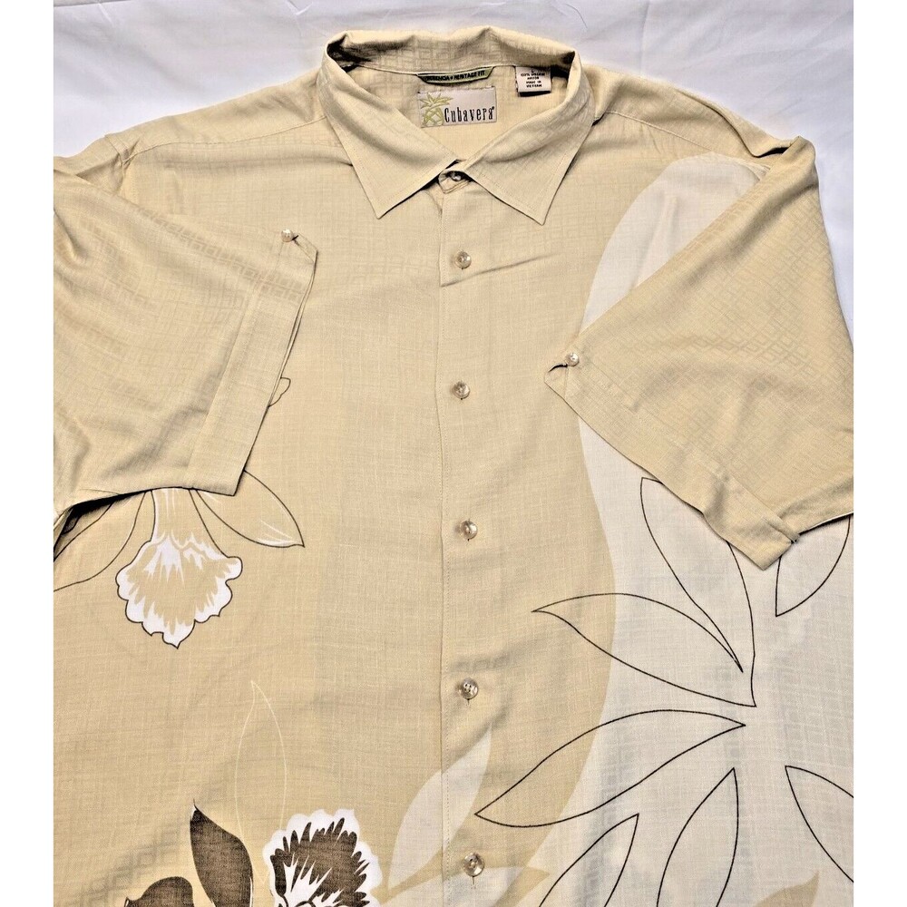 CUBAVERA SHIRT Vintage Heritage Fit Short Sleeved Shirt Beige & Brown Size Large